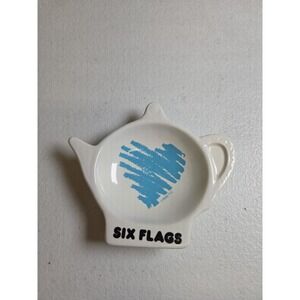 Vintage Six Flags Ceramic Trinket Dish ©1986 TC White Blue Souvenir Catchall